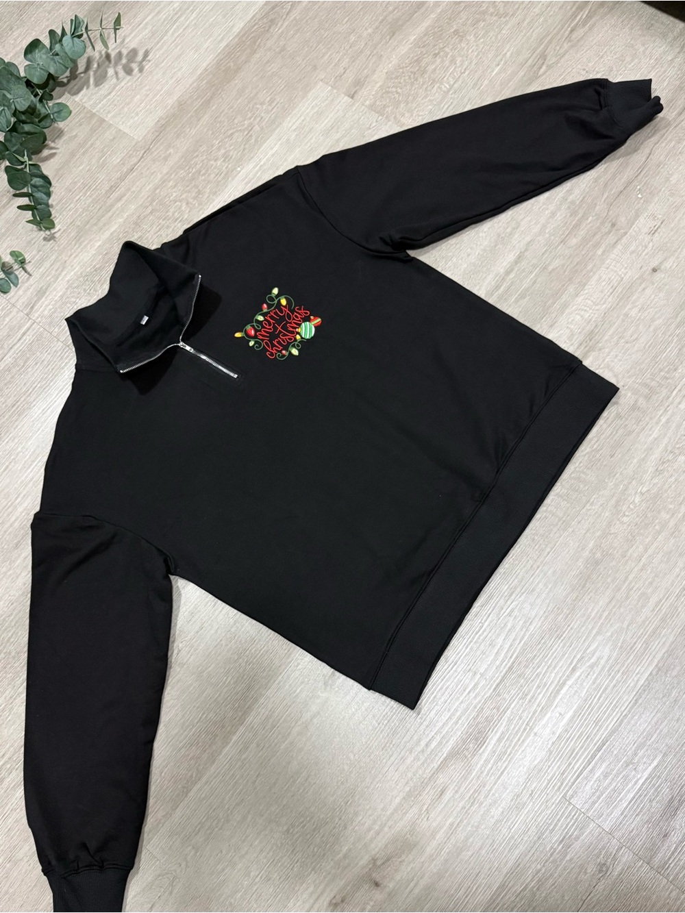 Women's Black Half-Zip Sweater with Festive Chest Embroidery